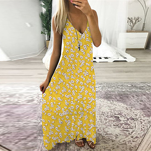 

Women's A Line Dress Midi Dress Navy Yellow Black Sleeveless Floral Print Spring Summer Sweet Style 2021 S M L XL XXL XXXL 4XL 5XL / Chiffon