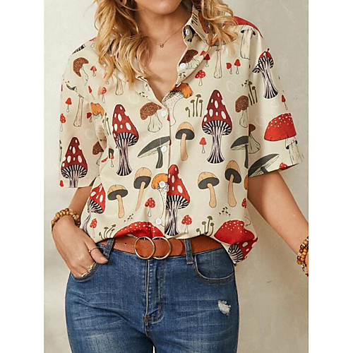

Women's Floral Theme Blouse Shirt Graphic Button Print Shirt Collar Basic Streetwear Tops Beige