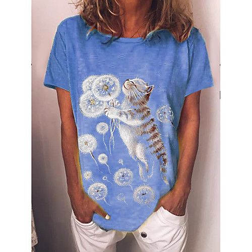 

Women's Dandelion T shirt Cat Graphic Dandelion Print Round Neck Basic Tops Blue