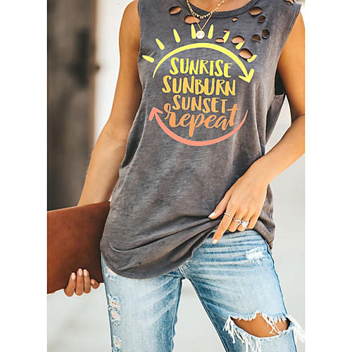 

Women's Tank Top Vest Graphic Letter Cut Out Print U Neck Basic Streetwear Tops Gray