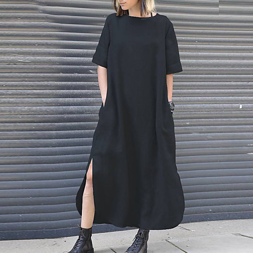 

Women's Shift Dress Maxi long Dress Red Wine Green Black Apricot Dark Blue Half Sleeve Solid Color Split Pocket Spring Summer Round Neck Elegant Vintage Holiday Loose Retro S M L XL XXL XXXL 4XL 5XL