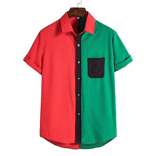 

Men's Shirt Patchwork Color Block Short Sleeve Casual Tops Casual Red Green