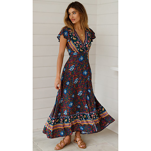 

Women's Sheath Dress Maxi long Dress Red Navy Blue Short Sleeve Floral Fall Winter V Neck Boho Holiday 2021 S M L XL