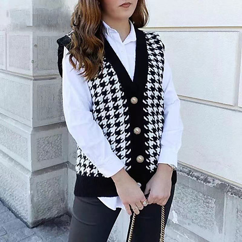 

Women's Plaid / Check Vest Sleeveless Sweater Cardigans V Neck White Black