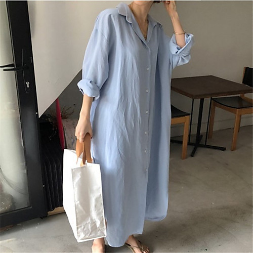 

Women's Swing Dress Maxi long Dress Navy Blue Blushing Pink khaki White Long Sleeve Solid Color Spring Summer Casual Loose 2021 S M L XL XXL / Cotton / Cotton