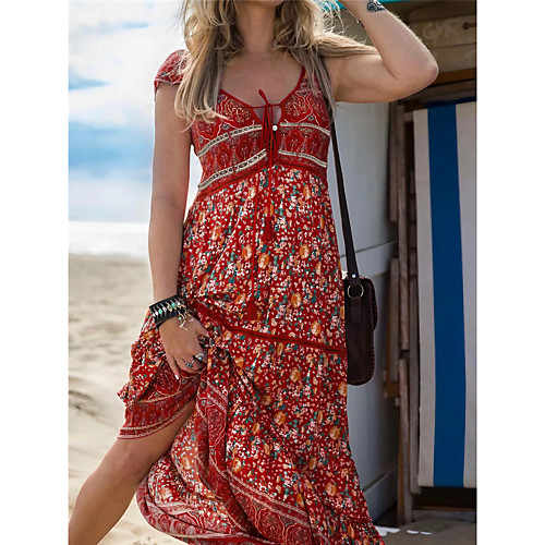 

Women's Sundress Midi Dress Blue Purple Orange Red Short Sleeve Floral Print Print Summer V Neck Casual Beach 2021 S M L XL XXL 3XL
