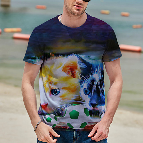 

Men's Tee T shirt Shirt 3D Print Cat Graphic Prints Print Short Sleeve Daily Tops Casual Designer Big and Tall Blue