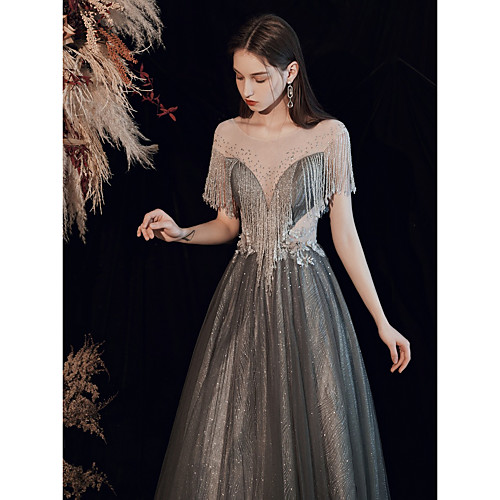 

A-Line Glittering Sparkle Engagement Formal Evening Dress Scoop Neck Short Sleeve Floor Length Tulle with Tassel Appliques 2021