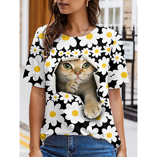 

Women's Floral Theme 3D Cat Painting T shirt Cat 3D Daisy Print Round Neck Basic Tops Yellow