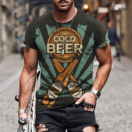 

Men's Tee T shirt Shirt 3D Print Graphic Beer Plus Size Short Sleeve Casual Tops Basic Designer Slim Fit Big and Tall Green Brown