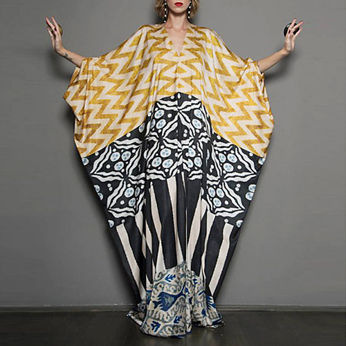 

Women's A Line Dress Maxi long Dress Yellow Long Sleeve Pattern Summer Casual 2021 L XL