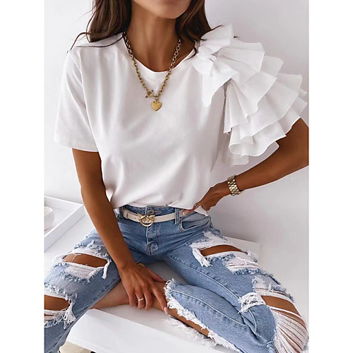 

Women's T shirt Plain Ruffle Round Neck Beach Tops White Red Black