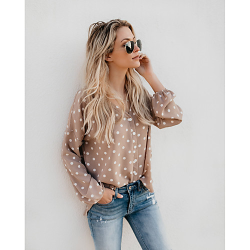 

Women's Blouse Shirt Polka Dot Long Sleeve Button Print V Neck Basic Streetwear Tops Khaki
