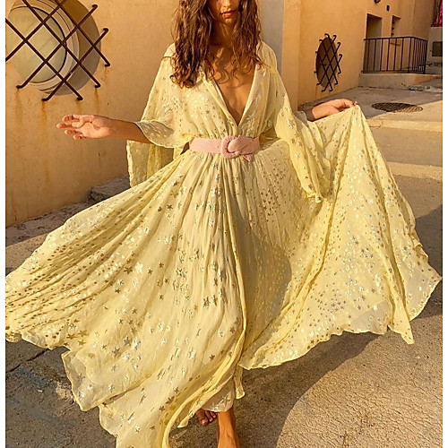 

Women's Swing Dress Maxi long Dress Yellow 3/4 Length Sleeve Solid Color Bow Summer V Neck Casual Holiday Batwing Sleeve 2021 S M L XL