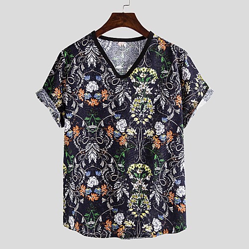 

Men's T shirt Other Prints Graphic Short Sleeve Casual Tops Ethnic Style V Neck Black / Summer