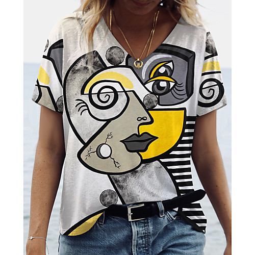 

Women's Abstract Portrait Painting T shirt Striped Graphic Portrait Print V Neck Basic Tops Yellow