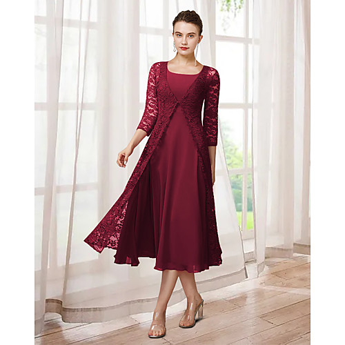 

Two Piece A-Line Mother of the Bride Dress Elegant Jewel Neck Tea Length Chiffon Lace Half Sleeve with Appliques 2021