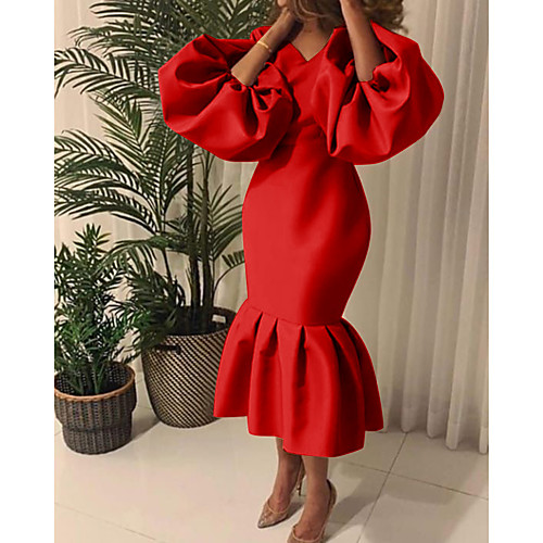 

cross-border source ebay amazon africa plus size women's solid color v-neck bubble long-sleeved fishtail dress evening dress