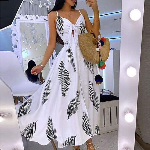 

Women's Swing Dress Maxi long Dress Leopard feather White Peacock Blue Sleeveless Floral Leopard Lace up Print Spring Summer V Neck Casual Sexy 2021 S M L XL XXL / Party / Holiday