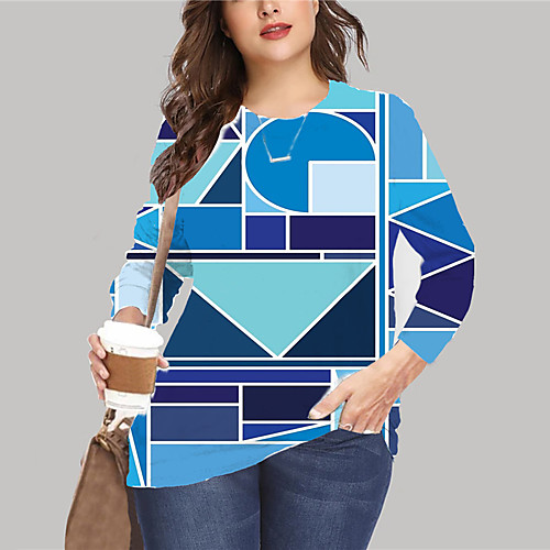 

Women's Plus Size Tops Pullover Sweatshirt Graphic Geometry Print Long Sleeve Crewneck Basic Blue Big Size XL XXL 3XL 4XL 5XL