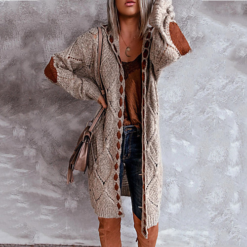 

Women's Stylish Hooded Geometric Cardigan Long Sleeve Sweater Cardigans Hooded Fall Winter Blue Black Khaki