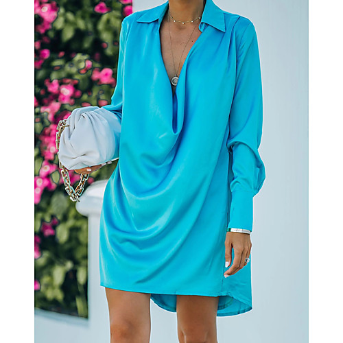 

Women's Shirt Dress Knee Length Dress Light Blue Green Black Rose Red Long Sleeve Solid Color Spring Summer Casual / Daily 2021 S M L XL