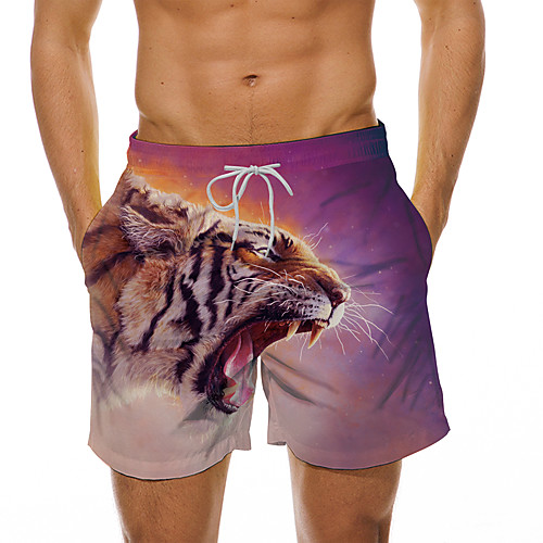 

Men's Casual Designer Quick Dry Breathable Beach Swimming Pool Bermuda shorts Board Shorts Pants Graphic Prints Tiger Animal Short 3D Print Drawstring Elastic Waist Purple / Summer