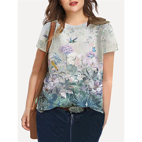 

Women's Plus Size Tops T shirt Floral Graphic Print Short Sleeve Crewneck Basic Summer Purple Green Big Size XL XXL 3XL 4XL 5XL