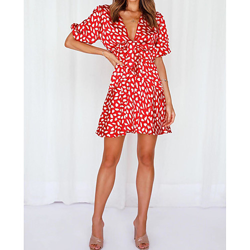 

Women's A Line Dress Short Mini Dress Red Short Sleeve Print Spring Summer Sexy 2021 S M L XL