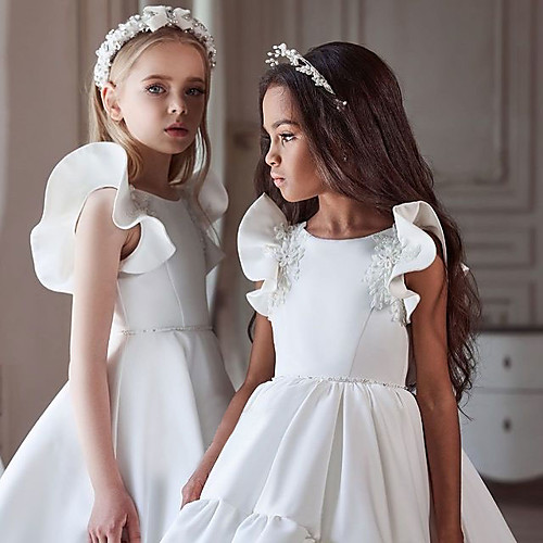 

A-Line Floor Length Flower Girl Dresses Party Satin Sleeveless Jewel Neck with Solid