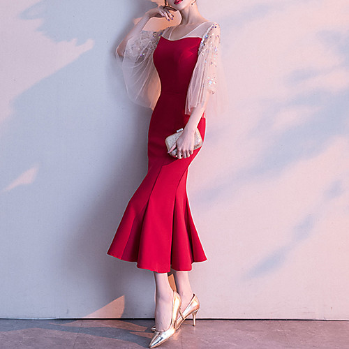 

Mermaid / Trumpet Elegant bodycon Party Wear Prom Dress V Neck Half Sleeve Tea Length Stretch Fabric with Sleek 2021