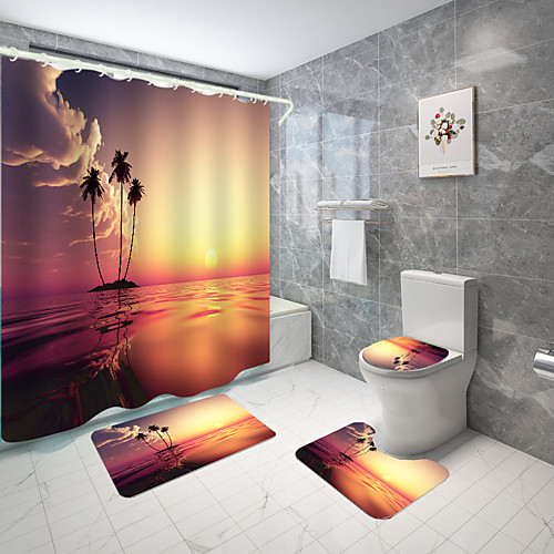 

Ocean Sunset Series Digital Printing Four-piece Set Shower Curtains and Hooks Modern Polyester Machine Made Waterproof Bathroom