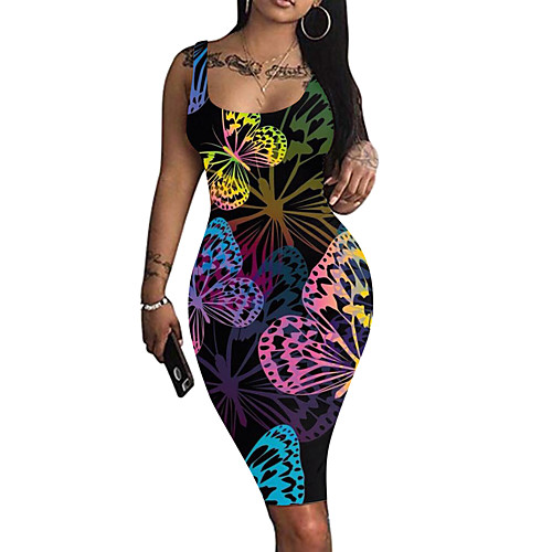 

Women's Sheath Dress Knee Length Dress Blue Yellow Rainbow Red Light Blue Sleeveless Print Print Summer Round Neck 1920s Sexy Party Club Beach 2021 S M L XL XXL