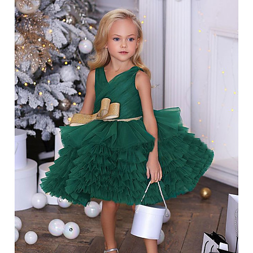 

Ball Gown Knee Length Flower Girl Dresses Party Tulle Sleeveless V Neck with Solid