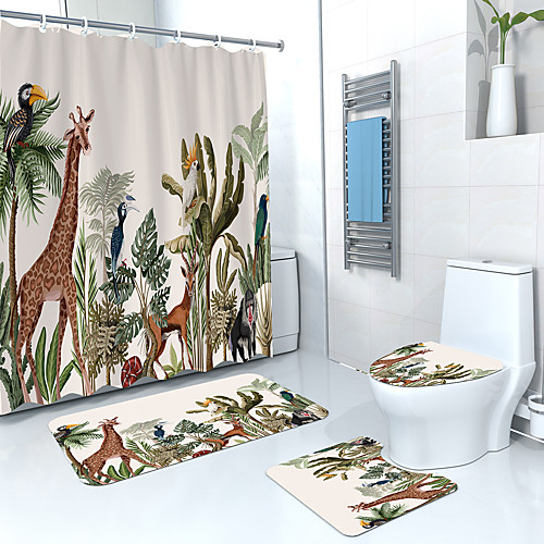 

Bathroom Shower Curtain & Mat Set White Modern Polyester Waterproof
