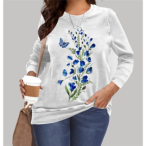 

Women's Plus Size Tops Pullover Sweatshirt Floral Graphic Butterfly Print Long Sleeve Crewneck Basic White Big Size XL XXL 3XL 4XL 5XL