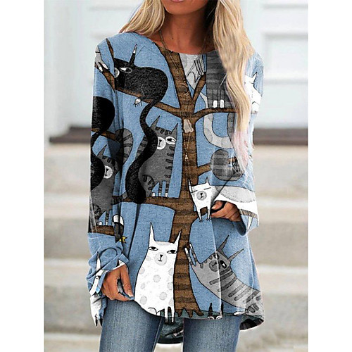 

Women's Cat T shirt Cat Graphic Animal Long Sleeve Print Round Neck Basic Tops Blue Gray