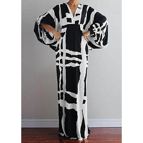 

Women's Shift Dress Maxi long Dress Rainbow White Black Brown Beige Long Sleeve Print Patchwork Print Fall Spring V Neck Casual Loose 2021 S M L XL XXL 3XL
