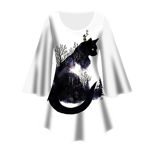 

Women's Plus Size Tops Tunic Cat Graphic Animal Print 3/4 Length Sleeve Crewneck Basic White Big Size XL XXL 3XL 4XL 5XL / Holiday