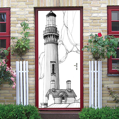 

2pcs Self-adhesive Creative Door Stickers Sketch Lighthouse Living Room Diy Decoration Home Waterproof Wall Stickers