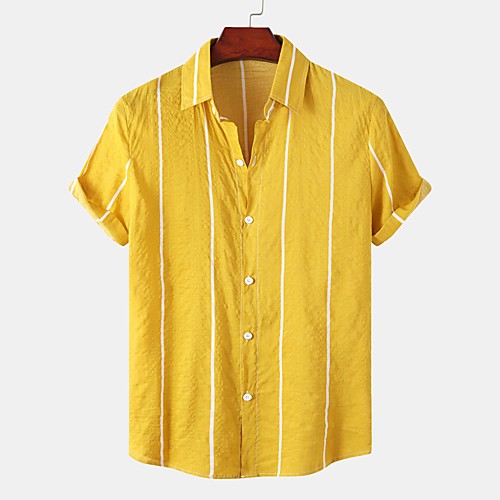 

Men's Shirt Striped Button-Down Short Sleeve Street Tops Cotton Casual Breathable Comfortable White Yellow