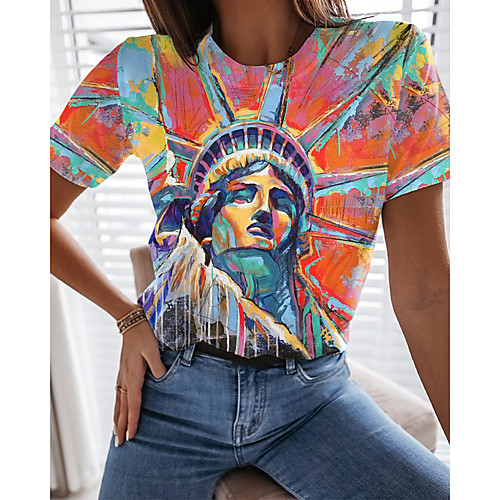 

Women's Abstract Painting T shirt Graphic Tie Dye American Flag Print Round Neck Basic Tops Orange