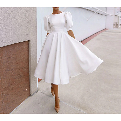 

Women's Swing Dress Knee Length Dress White Short Sleeve Solid Color Backless Spring Summer Round Neck Elegant Sexy Party Lantern Sleeve 2021 S M L XL 2XL