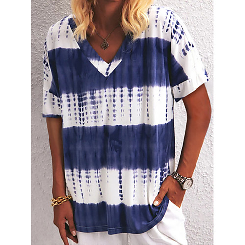

Women's Abstract Painting T shirt Color Block Tie Dye Print V Neck Basic Tops White Blue Purple