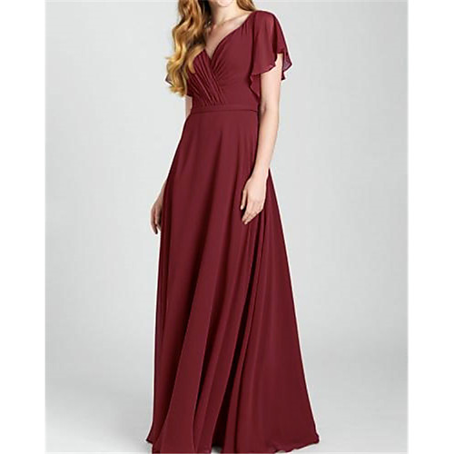 

A-Line V Neck Floor Length Chiffon Bridesmaid Dress with Pleats / Ruching