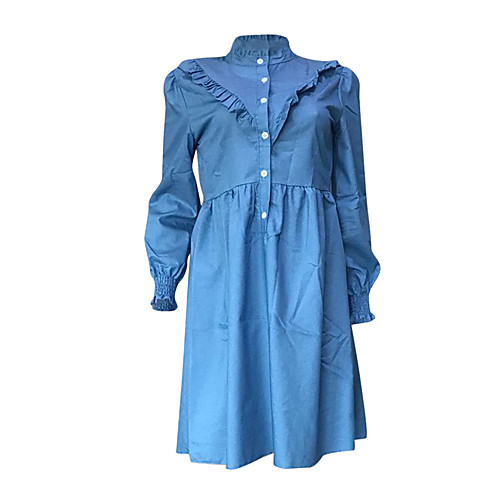 

Women's Denim Dress Knee Length Dress Light Blue Long Sleeve Solid Color Spring Summer Casual / Daily 2021 S M L XL