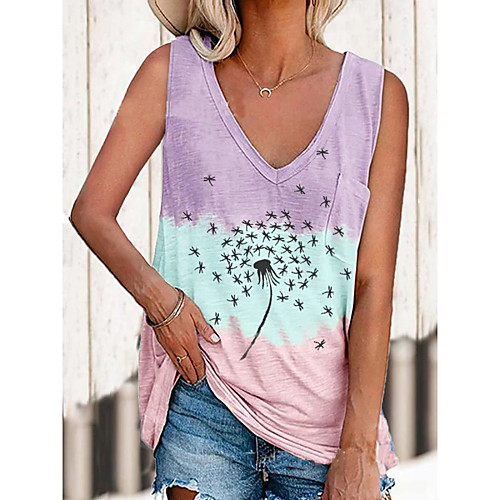 

Women's Beach Tank Top Vest T shirt Flower Print V Neck Streetwear Boho Tops Loose Purple