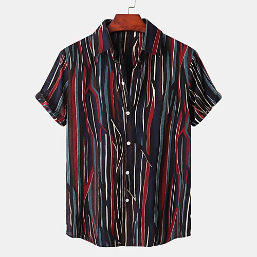 

Men's Shirt Striped Button-Down Short Sleeve Street Tops Cotton Casual Hawaiian Comfortable Black