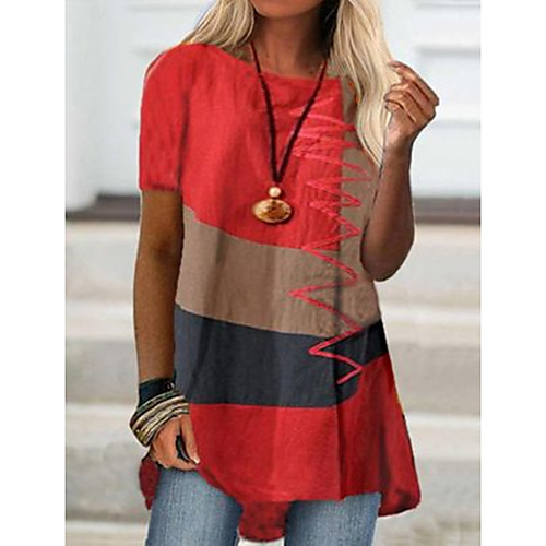 

Women's Painting T shirt Color Block Patchwork Print Round Neck Basic Tops Blue Red Yellow
