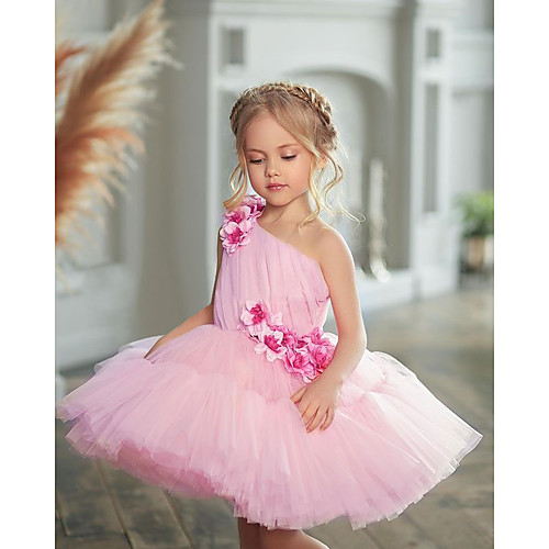 

Ball Gown Knee Length Flower Girl Dresses Party Tulle Sleeveless One Shoulder with Flower